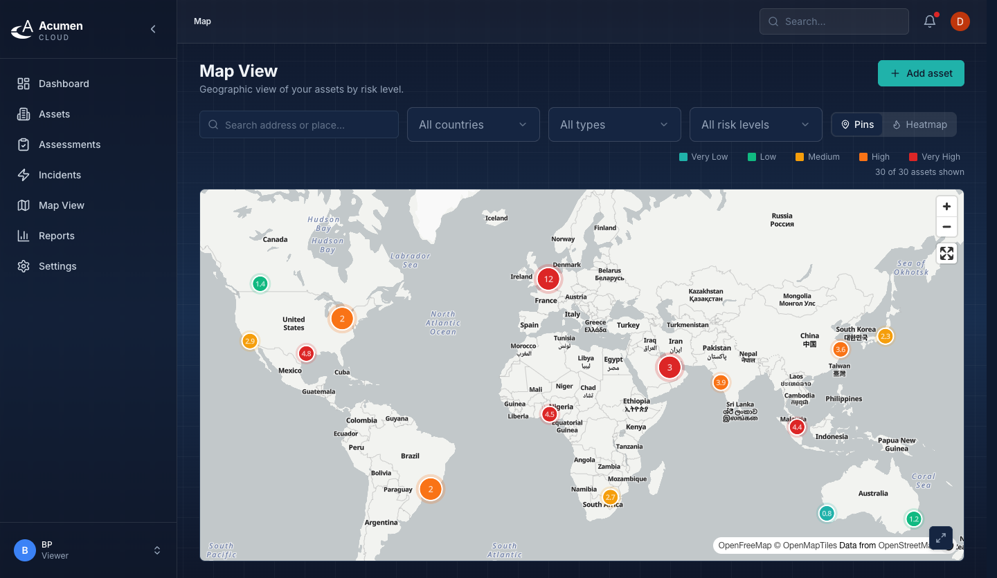 Acumen Cloud global risk map showing assets scored by risk level across continents